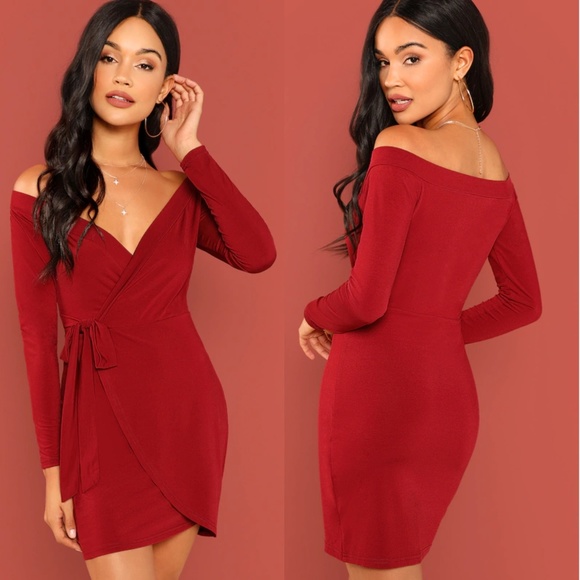 Red Off Shoulder Wrap Mini Dress - Picture 1 of 3